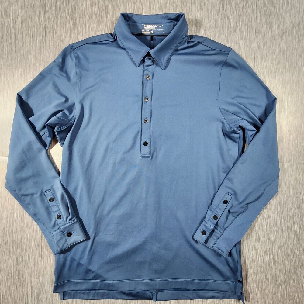 Nike Golf Tour Premium 4 Button Polo Mens L Blue Long Sleeve Heavyweight Shirt